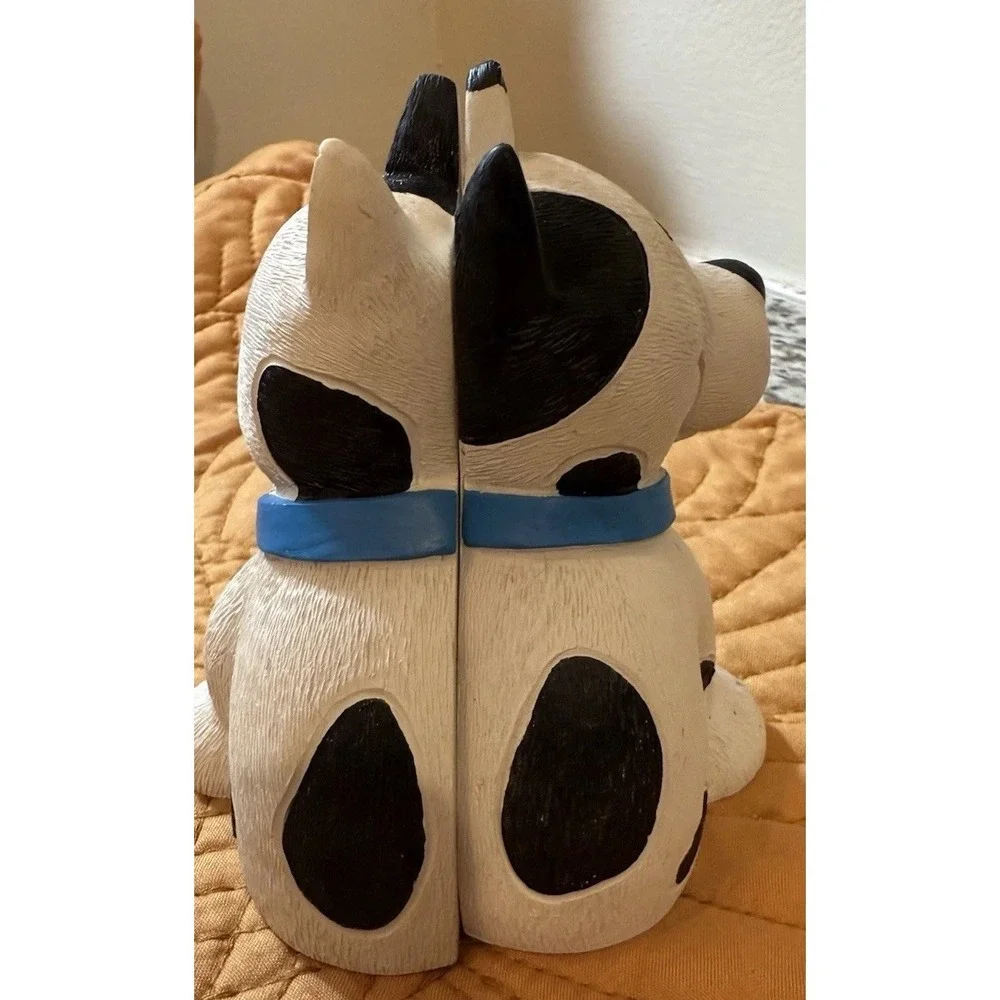 Vintage Chalkware Dog Bookends Black White Puppy Pair Folk Art Shelf Decor